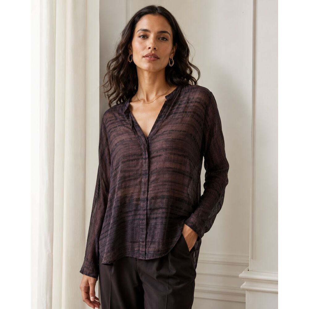VINCE Brown Black Tunic Top Striped Silk Classic Formal Button-Front - Women's S
